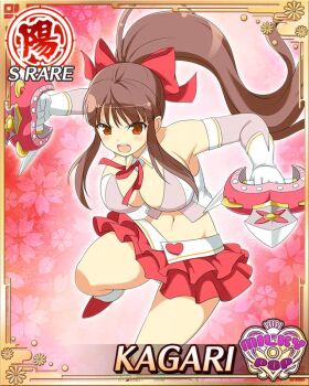 1girl :o blunt_bangs boots breasts card_(medium) cleavage crop_top detached_collar dual_wielding elbow_gloves frilled_skirt frills game_cg gloves hair_ribbon high_ponytail holding instrument kagari_(senran_kagura) knife large_breasts long_hair looking_at_viewer navel neck_ribbon non-web_source official_alternate_costume official_art open_mouth ponytail red_boots red_eyes red_hair red_ribbon red_skirt ribbon senran_kagura senran_kagura_new_wave sidelocks skirt solo tambourine weaponized_instrument white_gloves