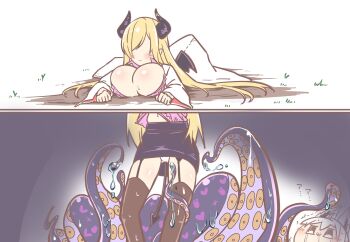 breasts chibi drooling highres hololive hololive_english large_breasts miniskirt mouth_drool ninomae_ina'nis panties poruneko shaking shirakami_fubuki skirt stuck sweat sweatdrop tears tentacles thigh_strap through_ground underwear virtual_youtuber yuzuki_choco