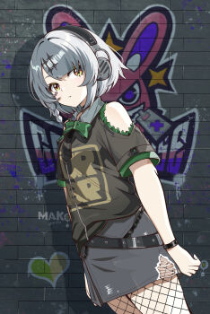 1girl absurdres alternate_costume anby_demara bell bow bowtie braid brown_shirt clothing_cutout commentary commentary_request cowbell english_commentary fishnet_pantyhose fishnets from_side graffiti green_bow green_bowtie grey_hair grey_skirt headphones heart highres kurimako looking_at_viewer looking_to_the_side mixed-language_commentary orange_eyes pantyhose parted_lips print_shirt shirt short_hair shoulder_cutout single_braided_sidelock skirt solo zenless_zone_zero
