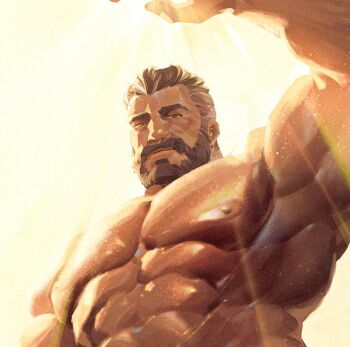 Rule 34 | abs, arm over head, artist name, bara, beard, brown hair, bulge, connected beard, cropped, facial hair, gabriel diaz, gears of war, looking at viewer, luerstine, muscular, muscular male, navel, nipples, pectorals, sunlight, thong
