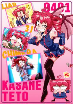1990s_(style) 1girl :p ahoge bare_shoulders black_boots black_shirt black_skirt black_sleeves blush boots bow bread breasts chibi chimera collared_shirt crying crying_with_eyes_open demon_wings detached_sleeves drill_hair food full_body hair_between_eyes hair_bow hand_on_own_hip hand_up highres kasane_teto kasane_teto_(sv) kasane_teto_(utau) kasane_teto_(voicepeak) lego_chorolin long_sleeves looking_at_viewer microphone midriff open_mouth peace_symbol pink_background red_eyes red_hair retro_artstyle shirt simple_background skirt sleeveless sleeveless_shirt solo tagme tears tongue tongue_out twin_drills white_shirt white_skirt wings