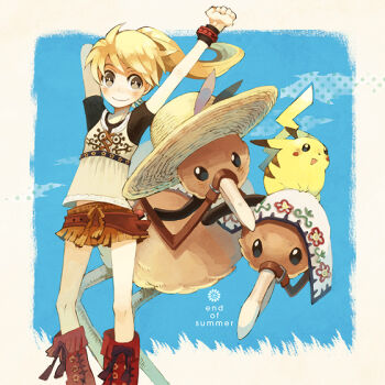 1990s_(style) 1girl arm_up blonde_hair boots brown_eyes doduo fringe_trim gen_1_pokemon hat nintendo pika_(pokemon) pikachu pokemon pokemon_(creature) pokemon_adventures pokemon_rgby ponytail reins retro_artstyle sitting skirt smile standing strawberrybit stretching wristband yellow_(pokemon)