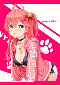 1girl :o ahoge bell bikini black_bikini black_choker bow breasts character_name choker cleavage collarbone cropped_legs crossed_bangs green_eyes hair_bell hair_between_eyes hair_bow hair_ornament highres hololive hood hood_down hooded_jacket jacket jewelry jingle_bell kanami_yuu large_breasts leaning_forward long_hair long_sleeves looking_at_viewer necklace one_side_up open_clothes open_jacket open_mouth paw_print paw_print_background pendant pendant_choker pink_background pink_jacket purple_bow red_hair sakura_miko side-tie_bikini_bottom solo swimsuit teeth text_print upper_teeth_only virtual_youtuber x_hair_ornament zipper