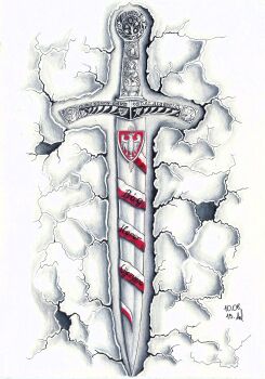 animal_print baby_animal bird blade bush christianity coat_of_arms crack damiankapitan dated eagle engraved flag_print floral_print highres hilt lamb latin_text motto no_humans original plant poland polish_flag_print polish_text real_life red_ribbon ribbon sheep shield signature spot_color sword sword_hilt szczerbiec translated two-tone_ribbon vines weapon white_background white_ribbon