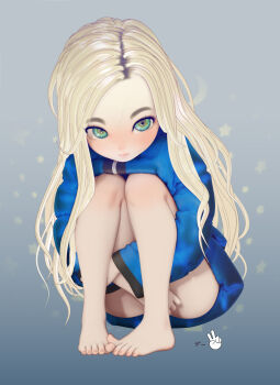 1girl barefoot blonde_hair blue_coat closed_mouth coat diana_(pragmata) goophilia gradient_background green_eyes grey_background highres knees_to_chest loli long_hair looking_at_viewer no_panties pragmata sitting solo