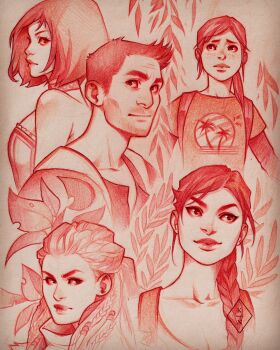 1boy 4girls aloy_(horizon) backpack bag beard_stubble bioshock bioshock_(series) bioshock_infinite braid breasts cleavage commentary elizabeth_(bioshock_infinite) ellie_(the_last_of_us) english_commentary facial_hair freckles greyscale hair_over_shoulder highres horizon_(game) horizon_(video_game) horizon_zero_dawn kasia_nie lara_croft leaf medium_breasts medium_hair monochrome multiple_girls nathan_drake ponytail red_theme shirt single_braid sketch smile stubble t-shirt the_last_of_us the_last_of_us_(series) tomb_raider uncharted watermark