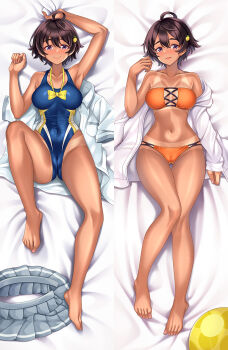 1girl barefoot bikini bikini_tan blue_one-piece_swimsuit bow bowtie breasts brown_hair closed_mouth collarbone commentary_request covered_navel cuddly_octopus dakimakura_(medium) food-themed_hair_ornament full_body grey_skirt hair_ornament highres jacket knee_up lemon_hair_ornament looking_at_viewer lying make_heroine_ga_oo_sugiru! medium_breasts multiple_views navel on_back one-piece_swimsuit orange_bikini parted_lips pleated_skirt purple_eyes shirt short_hair skirt smile strapless strapless_bikini suzu_miya swimsuit tan tanline unworn_shirt unworn_skirt white_jacket white_shirt yakishio_lemon yellow_bow yellow_bowtie