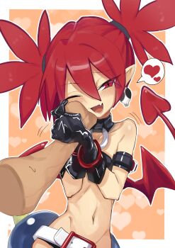 1girl :d absurdres belt black_gloves border demon_girl demon_tail demon_wings disembodied_hand disgaea earrings etna_(disgaea) fang gloves hair_between_eyes hand_on_another's_cheek hand_on_another's_face heart highres jank365m jewelry loli navel one_eye_closed open_mouth orange_background outside_border pointy_ears red_eyes red_hair red_tail red_wings skull_earrings smile solo_focus speech_bubble spoken_heart tail twintails variant_set white_belt white_border wings