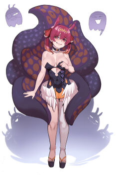 Rule 34 | 1girl, absurdres, alternate costume, bare shoulders, black dress, blush, breasts, clothes grab, collar, dress, feathered wings, full body, fur-trimmed collar, fur trim, gradient hair, hair between eyes, hair ornament, hair ribbon, heterochromia, highres, hololive, hololive english, houshou marine, large breasts, lipstick, long hair, looking at viewer, low wings, makeup, multicolored hair, nail polish, ninomae ina'nis, ninomae ina'nis (1st costume), okobo, orange hair, platform footwear, platform sandals, purple collar, purple dress, purple nails, red eyes, red hair, red ribbon, ribbon, sandals, sho-n-d, sidelocks, simple background, single thighhigh, sketch, skindentation, smile, strapless, strapless dress, tabi, takodachi (ninomae ina'nis), teeth, tentacles, thighhighs, toenail polish, toenails, tube dress, twintails, virtual youtuber, white thighhighs, white wings, wings, yellow eyes