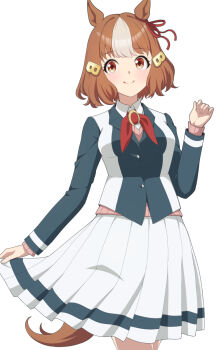 1girl animal_ears belno_light_(umamusume) blush bow breasts brown_hair closed_mouth collared_shirt commentary_request ear_ribbon hair_ornament highres horse_ears horse_girl horse_tail jacket kasamatsu_tracen_school_uniform letter_hair_ornament long_sleeves looking_at_viewer medium_breasts multicolored_hair multicolored_jacket necktie pink_sweater_vest pleated_skirt red_necktie school_uniform shiromaru_illust shirt short_hair simple_background skirt smile sweater_vest tail two-tone_hair two-tone_jacket umamusume umamusume:_cinderella_gray white_background white_hair white_shirt white_skirt