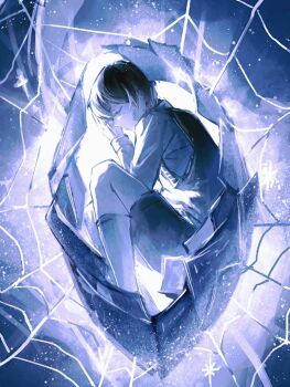 1boy black_hair black_shorts black_vest closed_eyes curled_up glowing highres kim_dokja lying male_focus oldest_dream omniscient_reader&#039;s_viewpoint on_side paper shirt short_hair shorts sidelighting silk sky solo space spider_web sqtaya1 star_(sky) starry_sky vest white_shirt