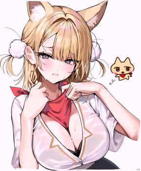 1girl animal_ear_fluff animal_ears arrow_(symbol) bandana black_bra blonde_hair blush bra bra_peek breasts cat_ears cat_girl chibi cleavage closed_mouth commentary_request dot_nose grey_eyes hair_ornament hands_up haze_(7h4ze) highres large_breasts long_hair original parted_lips pom_pom_(clothes) pom_pom_hair_ornament raised_inner_eyebrows red_bandana shirt short_sleeves simple_background solo sweat underwear upper_body white_background white_shirt
