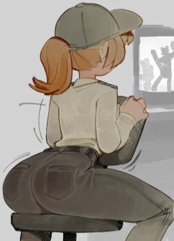 1girl ass baseball_cap belt blonde_hair chair five_nights_at_freddy's five_nights_at_freddy's:_security_breach hat long_sleeves on_chair pants ponytail shirt sitting solo vanessa_(fnaf) wamudraws white_shirt