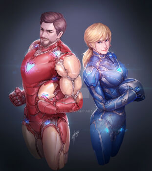 1boy 1girl adapted_costume armor avengers:_endgame avengers_(series) back-to-back bara beard blonde_hair blue_eyes breasts brown_eyes brown_hair commentary deviantart_logo eko999 english_commentary facial_hair gradient_background helmet holding holding_unworn_helmet iron_man looking_at_viewer marvel marvel medium_breasts mustache pepper_potts power_armor power_suit rescue_(iron_man) science_fiction smile superhero_costume tony_stark unworn_helmet watermark