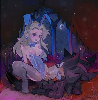 1boy 1girl absurdres animal_ears arm_support bed black_fur blue_bow blue_bowtie blue_eyes blush bow bowtie breasts cowgirl_position cum cum_in_pussy cum_overflow detached_collar fake_animal_ears fang formal_clothes furry furry_male furry_with_non-furry hedgehog_boy hetero highres interspecies leotard looking_at_another maria_robotnik medium_breasts nipple_slip nipples open_mouth pastellilith penis playboy_bunny pussy rabbit_ears red_fur sex shadow_the_hedgehog sonic_(series) straddling strapless strapless_leotard suit thighhighs vaginal white_thighhighs