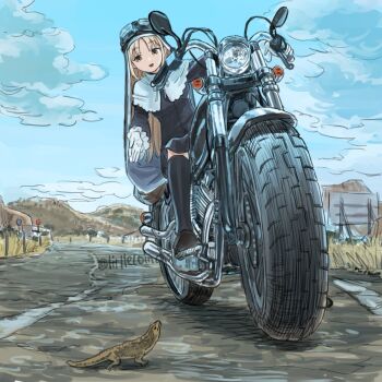 Rule 34 | 1girl, animal, black dress, black shoes, black socks, blonde hair, blue sky, brown eyes, cloud, day, dress, gloves, goggles, goggles on headwear, grass, highres, koze niire, lizard, long hair, long sleeves, motor vehicle, motorcycle, mountain, nijisanji, nun, outdoors, road, shoes, sign, sister claire, sister claire (1st costume), sitting, sky, socks, solo, twitter username, virtual youtuber, white gloves