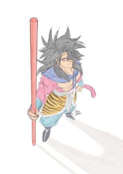 Rule 34 | 1boy, animal print, backlighting, bare pectorals, belt, black hair, black nails, black shoes, blue cloak, blue pants, bo staff, body fur, cape, circlet, clenched hands, cloak, commentary, cosplay, covered shoulder blades, dragon ball, dragon ball gt, english commentary, fingernails, flat color, full body, fur cape, gold circlet, hair over one eye, highres, journey to the west, long hair, looking at viewer, looking up, martial arts belt, monkey boy, monkey tail, muscular, muscular male, nail polish, pants, pectorals, red fur, redesign, ruyi jingu bang, rykun dsz, shadow, shoes, signature, sketch, smirk, solo, son goku, spiked hair, sun wukong, sun wukong (cosplay), super saiyan, super saiyan 4, tail, tan, tiger print, topless male, waist cape, white belt, wristband, yellow eyes