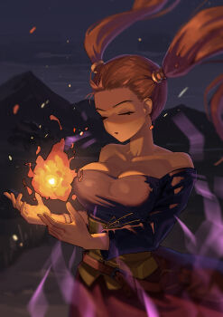 1girl absurdres bare_shoulders black_shirt breasts brown_hair cleavage closed_eyes collarbone dragon_quest dragon_quest_viii fire highres jessica_albert large_breasts long_hair magic night off-shoulder_shirt off_shoulder outdoors pyrokinesis red_skirt sawashiman shirt skirt solo square_enix twintails