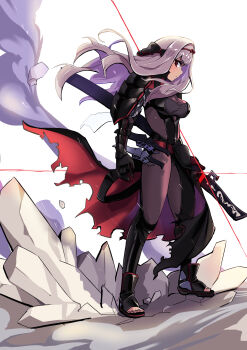1girl absurdres armor bodysuit breasts fighting_stance from_side full_body glint goddess_of_victory:_nikke grey_hair hairband headgear highres japanese_armor kitasshi long_hair medium_breasts official_alternate_costume ready_to_draw red_eyes scarlet_(nikke) sheath shoulder_armor sode solo standing sword toeless_footwear weapon