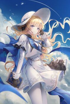 1girl black_gloves blonde_hair book closed_mouth cloud cloudy_sky floating_hair gloves hair_ornament hat highres holding holding_book long_hair long_sleeves looking_at_viewer outdoors ozzingo pantyhose phoebe_(wuthering_waves) purple_eyes shirt skirt sky smile solo white_hat white_pantyhose white_shirt white_skirt wuthering_waves