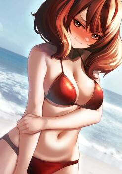 1girl absurdres animal_ears beach bikini blush breasts brown_eyes brown_hair cleavage closed_mouth collarbone commentary_request embarrassed grey_background hair_between_eyes hair_ornament highres horse_ears horse_girl hoshikuzu_kizuna_(kizuna_stardust) looking_at_viewer medium_breasts medium_hair navel nice_nature_(umamusume) nose_blush ocean outdoors red_bikini solo stomach swimsuit textless_version umamusume