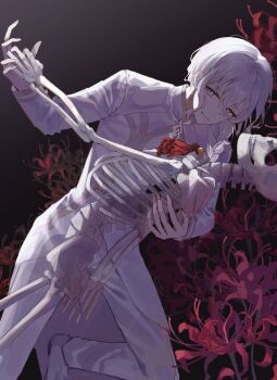 1boy braid brooch chaldea_uniform coat fate/grand_order fate_(series) father_and_daughter formal_clothes gloves grey_trim grey_vest hair_between_eyes highres jacket jewelry lemon_ice long_hair long_sleeves male_focus marisbury_animusphere olga_marie_animusphere shirt side_braid single_braid skeleton smile suit vest white_coat white_hair white_suit