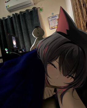 1boy 1girl absurdres animal_ears black_hair blue_archive cat_ears cat_girl closed_eyes colored_inner_animal_ears colored_inner_hair commentary_request doodle_sensei_(blue_archive) extra_ears highres indoors kazusa_(blue_archive) lying momocadraw multicolored_hair on_side photo_background pink_hair sensei_(blue_archive) short_hair sleeping two-tone_hair under_covers