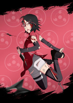:o arteilustracion black_hair blood blood_on_face boruto:_naruto_next_generations broken_glasses bruise bruised_eye detached_sleeves female_focus highres holding holding_weapon injury kunai looking_at_viewer messy_hair naruto_(series) pink_background red_shirt sandals sharingan shirt shorts shuriken solo thighhighs torn_clothes uchiha_sarada weapon