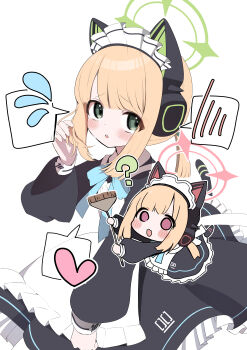 Rule 34 | 2girls, ?, absurdres, animal ear headphones, animal ears, apron, black dress, black tail, blonde hair, blue archive, blue bow, blue bowtie, blush, borrowed clothes, bow, bowtie, broom, cat ear headphones, cat ears, cat tail, chibi, chibi inset, collared dress, commentary request, contrast collar, dress, fake animal ears, fake tail, flying sweatdrops, frilled apron, frilled dress, frills, furrowed brow, green bow, green eyes, green halo, hair bow, halo, hand up, headphones, heart, highres, holding, holding broom, ktgrtos, long sleeves, looking at viewer, maid, maid apron, maid headdress, medium hair, midori (blue archive), midori (maid) (blue archive), momoi (blue archive), momoi (maid) (blue archive), multiple girls, number print, official alternate costume, official alternate hairstyle, parted bangs, parted lips, pink eyes, pink halo, ponytail, puffy long sleeves, puffy sleeves, sidelocks, simple background, speech bubble, spoken blush, spoken flying sweatdrops, spoken heart, tail, teeth, triangle mouth, upper teeth only, white apron, white background, white headdress
