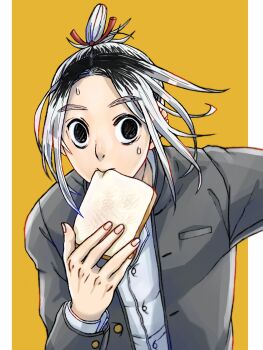 1boy black_eyes black_hair blue_lock bread bread_slice chaiko1000 eating food food_in_mouth gagamaru_gin highres long_sleeves looking_at_viewer male_focus mouth_hold multicolored_hair school_uniform solo sweatdrop toast toast_in_mouth upper_body white_hair yellow_background