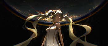 1girl absurdres armlet closed_eyes dress gold_armlet gramophone_miku green_hair hair_ornament hatsune_miku highres long_hair miku_symphony_(vocaloid) official_alternate_costume official_alternate_hairstyle open_mouth solo strapless strapless_dress tu_yuto tutu twintails very_long_hair vocaloid