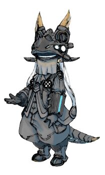 1other alternate_costume animal_ears ascot covered_face delicious_chicken ears_through_headwear full_body furry gloves helmet highres made_in_abyss masked mouth_veil nanachi_(made_in_abyss) puffy_pants simple_background solo standing tail veil white_background