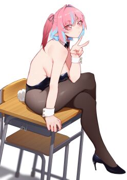 Rule 34 | 1girl, black bow, black bowtie, black leotard, blue streaks, bow, bowtie, breasts, chair, crossed legs, desk, detached collar, high heels, highres, kanan-sama wa akumade choroi, kanan (kanan-sama), large breasts, leotard, luxu, medium hair, multicolored hair, on desk, pantyhose, pink eyes, pink hair, playboy bunny, puckered lips, rabbit tail, ribbon, school chair, school desk, simple background, sitting, slit pupils, streaked hair, striped ribbon, tail, twintails, v, white background, wrist cuffs