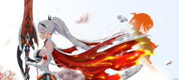 2girls absurdres anniversary armor back-to-back bare_shoulders breasts cape closed_eyes closed_mouth commentary english_commentary gauntlets high_ponytail highres holding holding_sword holding_weapon honkai_(series) honkai_impact_3rd kiana_kaslana kiana_kaslana_(herrscher_of_flamescion) kiana_kaslana_(herrscher_of_the_void) large_breasts long_hair multiple_girls murata_himeko murata_himeko_(vermillion_knight) ponytail red_cape red_hair simple_background sirin smile sword thomas_nguyen very_long_hair weapon white_background white_hair