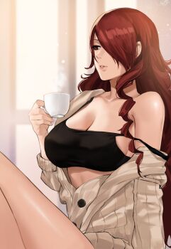 1girl atlus black_bra bra breasts cleavage crop_top cup drill_hair drill_sidelocks female_focus hair_over_one_eye highres holding holding_cup j@ck kirijou_mitsuru large_breasts lips long_hair matching_hair/eyes parted_bangs parted_lips persona persona_3 red_eyes red_hair sega shirt sidelocks solo steam strap_slip teacup thighs underwear