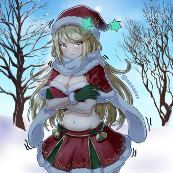 1girl alternate_costume artist_name bare_tree blonde_hair bra breasts capelet cleavage cold commentary cowboy_shot crop_top crossed_arms earrings english_commentary floating_earrings fur-trimmed_bra fur-trimmed_capelet fur-trimmed_skirt fur_scarf fur_trim gloves green_gloves hat highres jewelry large_breasts long_hair midriff mythra_(xenoblade) navel novasvr red_bra red_capelet red_skirt santa_costume santa_hat skirt snow swept_bangs tree trembling underwear upper_body v-shaped_eyebrows very_long_hair wavy_mouth white_trim xenoblade_chronicles_(series) xenoblade_chronicles_2 yellow_eyes