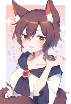 Rule 34 | 1girl, alternate hair length, alternate hairstyle, animal ear fluff, animal ears, ascot, black ascot, blush, border, breasts, brown hair, collarbone, commentary request, dress, fingernails, frills, gem, gradient background, grey background, hair between eyes, hand up, highres, imaizumi kagerou, jewelry, long sleeves, looking at viewer, medium breasts, nail polish, notice lines, open mouth, outside border, pendant, pink background, red eyes, red gemstone, red nails, short hair, simple background, smile, solo, sparkle, sweat, tail, tama (soon32281), touhou, upper body, very short hair, white border, white dress, wide sleeves, wolf ears, wolf girl, wolf tail