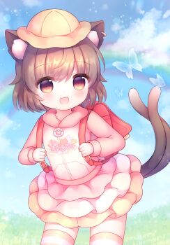 1girl :d absurdres animal_ear_fluff animal_ears backpack bag blush brown_eyes brown_hair bug butterfly cat_ears cat_girl cat_tail chen cloud coa_(chroo_x) cowboy_shot day fang hair_between_eyes hat highres holding_strap insect long_sleeves miniskirt multiple_tails open_mouth outdoors pink_shirt rainbow randoseru school_hat shirt short_hair skin_fang skirt smile solo striped_clothes striped_thighhighs tail thighhighs third-party_source touhou two_tails yellow_hat yellow_skirt yellow_thighhighs zettai_ryouiki