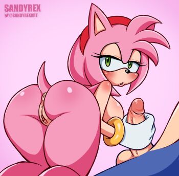 1boy 1girl amy_rose anus ass blush bracelet breasts furry gloves green_eyes half-closed_eyes handjob hetero jewelry large_breasts looking_back male nude penis pink_hair pussy sandyrex sega sideboob solo_focus sonic_(series) sonic_the_hedgehog testicles uncensored white_gloves