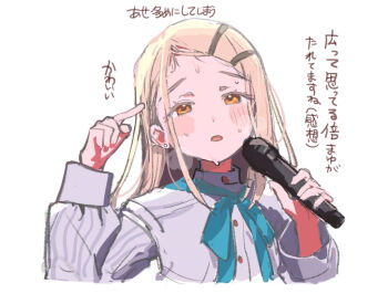 1girl aqua_bow aqua_bowtie blonde_hair blush bow bowtie breath collared_shirt colored_eyelashes commentary_request cropped_torso derivative_work earrings gakuen_idolmaster hair_ornament hairclip hajime_(idolmaster) hands_up holding holding_microphone idolmaster index_finger_raised jewelry long_hair long_sleeves looking_at_viewer microphone orange_eyes parallel_hairclips parted_bangs screenshot_redraw shinosawa_hiro shirt simple_background solo stud_earrings sumomo_otome sweat translation_request upper_body white_background white_shirt