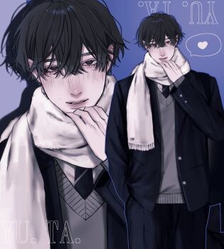 Rule 34 | 1boy, aegyo sal, artist name, black eyes, black hair, black jacket, black necktie, black pants, blue background, blush, buttoned cuffs, buttons, commentary request, cowboy shot, gradient background, grey sweater, hair between eyes, hand in pocket, heart, highres, jacket, long sleeves, looking at viewer, male focus, necktie, nose blush, open clothes, open jacket, original, pants, parted lips, scarf, school uniform, shadow, shirt, short hair, spoken heart, straight-on, sweater, unbuttoned, white scarf, white shirt, yu.ta., zoom layer