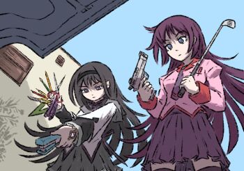 Rule 34 | 2girls, akemi homura, akemi homura (magical girl), black hair, blue eyes, company connection, golf club, gun, long hair, mahou shoujo madoka magica, monogatari (series), multiple girls, pencil, purple hair, ruler, saitou chiwa, scissors, senjougahara hitagi, set square, skirt, sky, stapler, thighhighs, thighs, truffleduster, voice actor connection, weapon