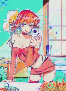 1girl 4neo bare_shoulders ben-day_dots breasts camera cleavage collarbone gradient_hair green_hair highres holding holding_camera hololive hololive_english indoors large_breasts long_hair looking_at_viewer miniskirt multicolored_hair orange_hair screentones skirt smile solo stuffed_animal stuffed_toy takanashi_kiara teddy_bear tongue tongue_out two-tone_hair virtual_youtuber window