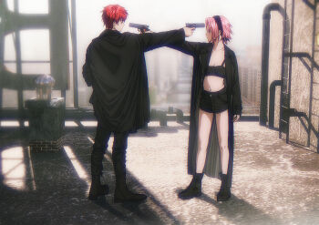 Rule 34 | 1boy, 1girl, aiming, alternate universe, at gunpoint, black boots, black camisole, black coat, black hairband, boots, breasts, camisole, chinese commentary, cleavage, coat, commentary request, crop top, gun, hairband, handgun, haruno sakura, highres, holding, holding gun, holding weapon, m1911, midriff, naruto (series), naruto shippuuden, navel, niku (ni23ku), pink hair, red eyes, sasori (naruto), short hair, short sleeves, small breasts, weapon