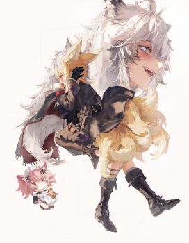 3girls :t ahoge alternate_costume alternate_hairstyle animal_ears apron arknights bare_shoulders biting black_boots black_cloak black_coat black_gloves black_ribbon black_thighhighs blonde_hair blood blood_on_shoulder blush boots cloak closed_mouth coat commentary commission deformed fox_ears fox_girl fox_tail gandy_(gan3e46) gloves grey_eyes grey_socks hair_between_eyes hair_ribbon high_heels highres knee_boots knee_strap lappland_(arknights) lappland_(refined_horrormare)_(arknights) long_hair long_sleeves maid medium_hair multicolored_cloak multiple_girls multiple_tails multiple_views open_mouth pink_hair pozyomka_(arknights) red_cloak red_eyes ribbon sidelocks simple_background single_bare_shoulder socks suzuran_(arknights) tail thighhighs two-tone_cloak walking white_apron white_background white_hair wolf_ears wolf_girl