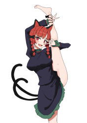 Rule 34 | 1girl, animal ears, barefoot, black bow, black shirt, black skirt, bow, braid, breasts, cat ears, cat girl, cat tail, commentary request, hair bow, highres, juliet sleeves, kaenbyou rin, large breasts, long sleeves, medium hair, multiple tails, nekomata, open mouth, pochipechi056, puffy sleeves, red eyes, red hair, shirt, side braids, simple background, skirt, solo, split, standing, standing on one leg, standing split, tail, touhou, twin braids, two tails, white background