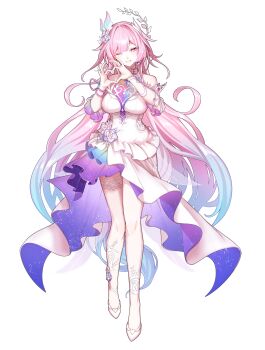 1girl absurdres armlet bare_shoulders breasts commentary cyrene_(honkai:_star_rail) cyrene_(ripples_of_past_reverie)_(honkai:_star_rail) diamond-shaped_pupils diamond_(shape) dress flower full_body hair_flower hair_ornament hands_up hashtag-only_commentary heart heart_hands highres honkai:_star_rail honkai_(series) jewelry large_breasts long_hair looking_at_viewer neneneneko one_eye_closed parted_lips pink_eyes pink_hair purple_flower purple_rose rose simple_background smile solo symbol-shaped_pupils tachi-e thighs very_long_hair white_background white_dress