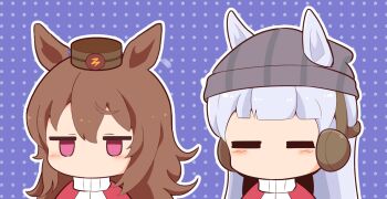 Rule 34 | 2girls, animal ears, beanie, bell, blue background, blush stickers, brown hair, brown hat, chibi, closed eyes, commentary, ear covers, ears through headwear, facing viewer, gold ship (umamusume), gomashio (goma feet), grey hair, grey hat, hair between eyes, hat, headwear switch, highres, horse ears, jacket, jingle bell, long hair, looking at viewer, mini hat, multiple girls, nakayama festa (umamusume), outline, purple eyes, red jacket, simple background, striped clothes, striped headwear, track jacket, umamusume, upper body, vertical-striped clothes, vertical-striped headwear, white outline