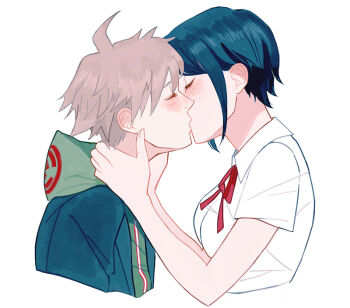 1boy 1girl ahoge black_hair blue_jacket blush bow brown_hair closed_eyes collared_shirt danganronpa:_trigger_happy_havoc danganronpa_(series) ears eyebrows fingernails freckles green_hoodie hands_around_neck hetero hoodie ikusaba_mukuro jacket kiss naegi_makoto bowtie neck_ribbon red_bow red_ribbon ribbon shirt short_hair short_sleeves simple_background throttlee upper_body white_background white_shirt