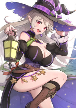 1girl absurdres bare_legs blush breasts cleavage collarbone commentary cowboy_shot dress earrings female_corrin_(fire_emblem) female_corrin_(halloween)_(fire_emblem) fire_emblem fire_emblem_fates fire_emblem_heroes gonzarez halloween halloween_costume hat highres jewelry lantern large_breasts long_hair looking_at_viewer nintendo off-shoulder_dress off_shoulder official_alternate_costume open_mouth pointy_ears red_eyes simple_background smile solo teeth upper_teeth_only white_background witch witch_hat